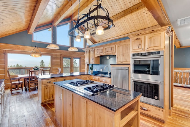 629 Alvista Loop, Hamilton, MT 59840 - kitchen featuring appliances with stainless steel finishes, a sink, light wood finished floors, wood ceiling, and light brown cabinetry