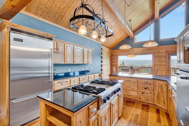 629 Alvista Loop, Hamilton, MT 59840 - kitchen featuring stainless steel appliances, open shelves, light wood finished floors, a center island, and wooden ceiling with exposed beams