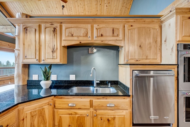 629 Alvista Loop, Hamilton, MT 59840 - kitchen featuring stainless steel dishwasher, a sink, wooden ceiling, light brown cabinets, and dark stone counters