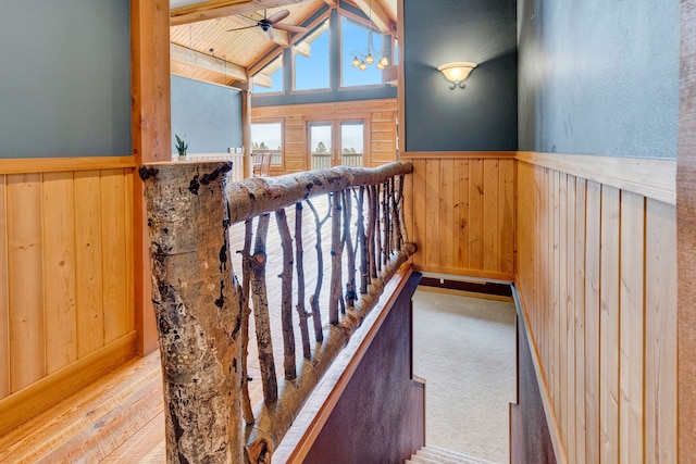 629 Alvista Loop, Hamilton, MT 59840 - staircase featuring wooden walls, wainscoting, ceiling fan, and wood ceiling