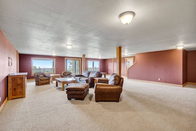 629 Alvista Loop, Hamilton, MT 59840 - living room featuring carpet flooring, a textured ceiling, plenty of natural light, and baseboards