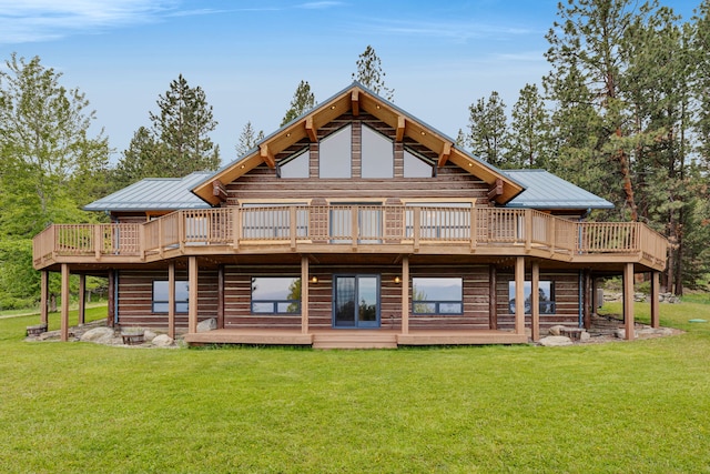 629 Alvista Loop, Hamilton, MT 59840 - back of house with a wooden deck, metal roof, a yard, and a standing seam roof