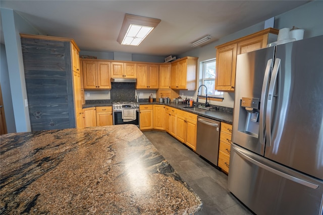 3185 Hubbart Dam Rd, Marion, MT 59925 - kitchen featuring appliances with stainless steel finishes, a sink, dark countertops, and under cabinet range hood