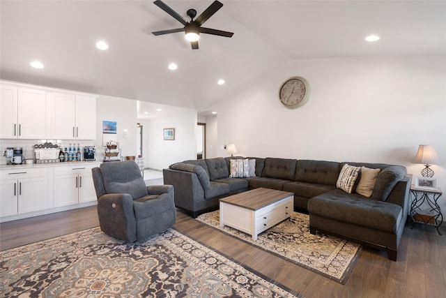 3870 Swan Rd, East Helena, MT 59635 - living area featuring lofted ceiling, ceiling fan, wood finished floors, and recessed lighting