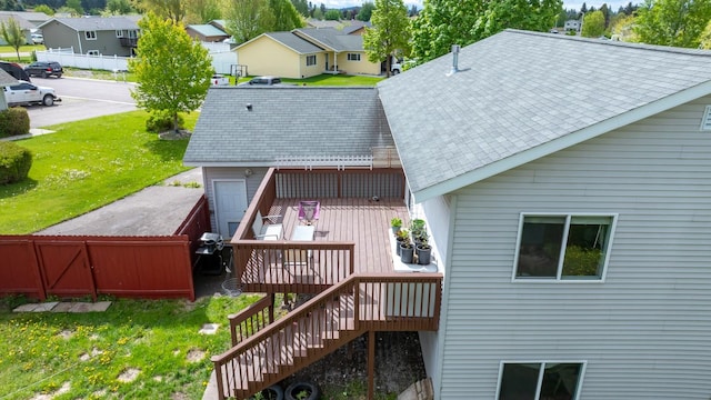 5 Darlene Rd, Columbia Falls, MT 59912 - rear view of house with a deck, a residential view, roof with shingles, and stairway