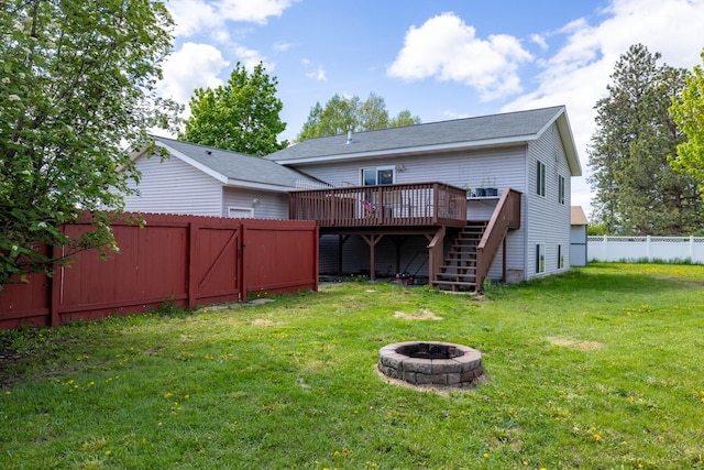 5 Darlene Rd, Columbia Falls, MT 59912 - back of property featuring a wooden deck, stairway, and a fire pit