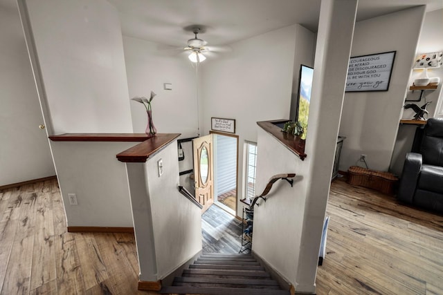 5 Darlene Rd, Columbia Falls, MT 59912 - staircase with wood finished floors, ceiling fan, and baseboards