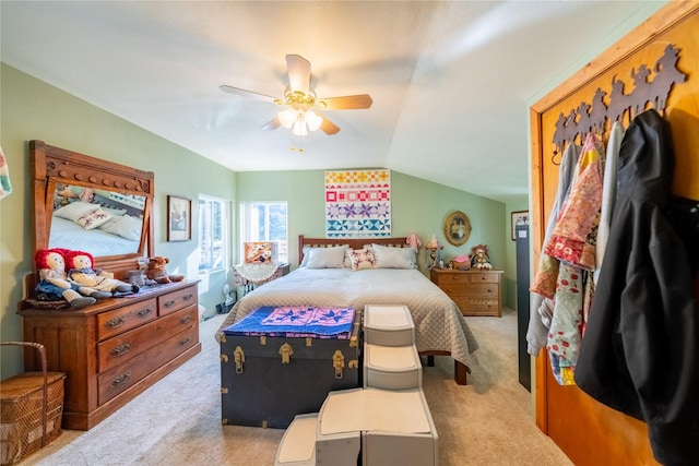 11537 Mt Highway 37 N, Libby, MT 59923 - bedroom with light carpet, lofted ceiling, and ceiling fan