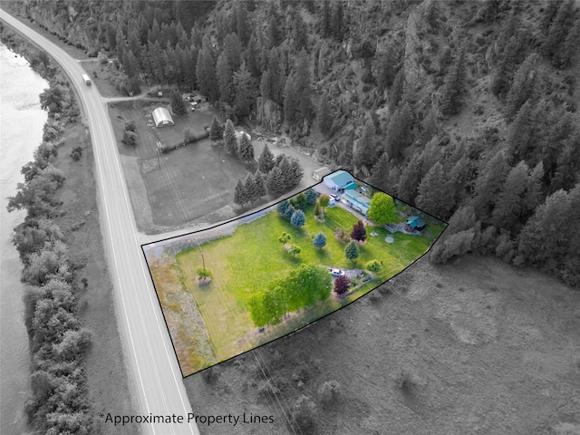 11537 Mt Highway 37 N, Libby, MT 59923 - aerial overview of property's location with property boundaries highlighted and a heavily wooded area