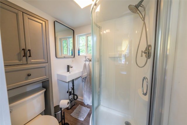 11537 Mt Highway 37 N, Libby, MT 59923 - full bath with a stall shower, toilet, wood finished floors, and a sink