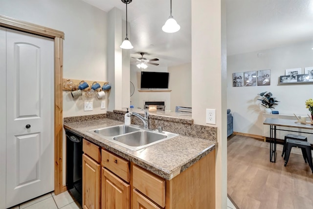 4100 Mullan Rd Unit 102, Missoula, MT 59808 - kitchen featuring a sink, ceiling fan, a glass covered fireplace, dishwasher, and hanging light fixtures
