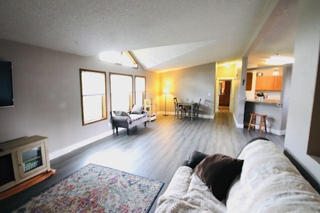 4757 Richlie, Missoula, MT 59808 - living area with wood finished floors, baseboards, lofted ceiling, and a textured ceiling