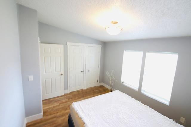 4757 Richlie, Missoula, MT 59808 - bedroom with wood finished floors, lofted ceiling, a closet, baseboards, and a textured ceiling