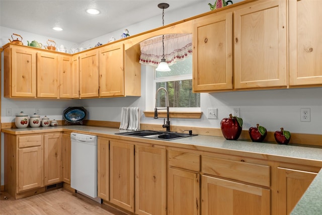 13033 Trinkus Ln, Bigfork, MT 59911 - kitchen featuring dishwasher, light brown cabinets, a sink, light countertops, and recessed lighting