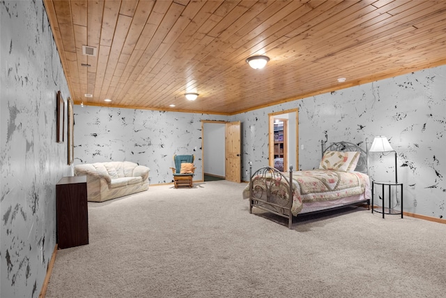 13033 Trinkus Ln, Bigfork, MT 59911 - carpeted bedroom with wooden ceiling and wallpapered walls