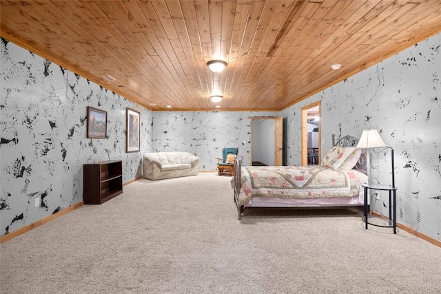 13033 Trinkus Ln, Bigfork, MT 59911 - bedroom with wooden ceiling, carpet flooring, wallpapered walls, ornamental molding, and baseboards