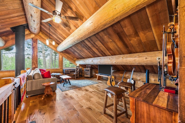 131 Mccaffery Lookout Trl, Bigfork, MT 59911 - living room with wood ceiling, hardwood / wood-style flooring, ceiling fan, and log walls