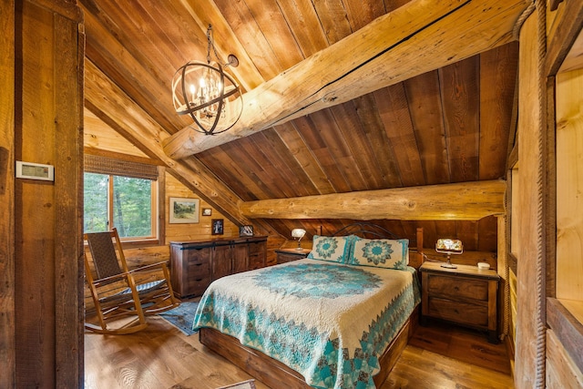 131 Mccaffery Lookout Trl, Bigfork, MT 59911 - bedroom with wooden ceiling, wood-type flooring, and a chandelier