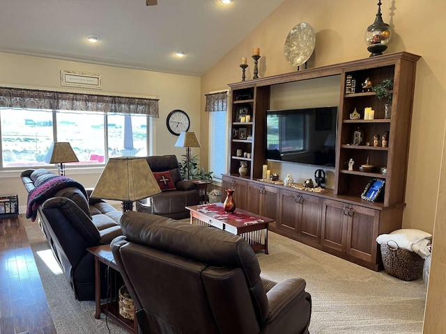 2669 Bunkhouse Pl, Missoula, MT 59808 - living room featuring vaulted ceiling, light wood-type flooring, and recessed lighting