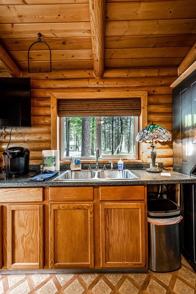 204 Cougar Meadow Dr, Saint Regis, MT 59866 - kitchen featuring a sink, wood ceiling, plenty of natural light, dark countertops, and log walls