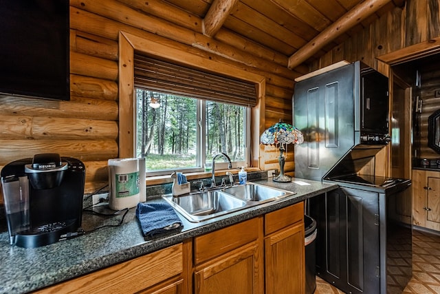 204 Cougar Meadow Dr, Saint Regis, MT 59866 - kitchen with a sink, log walls, dark countertops, wooden ceiling, and brown cabinetry