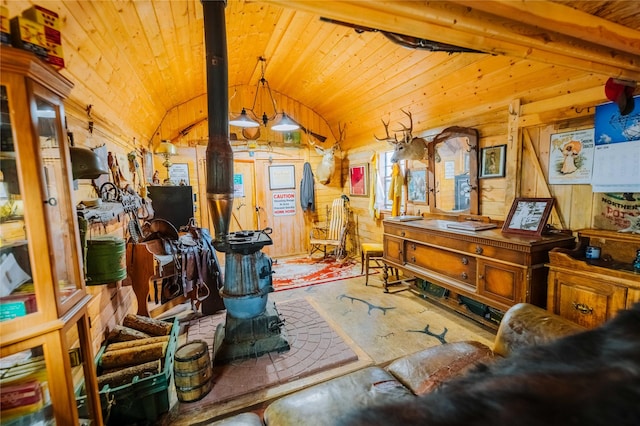 34 Outlaw Trl, Anaconda, MT 59711 - living room featuring vaulted ceiling, wooden walls, and wood ceiling