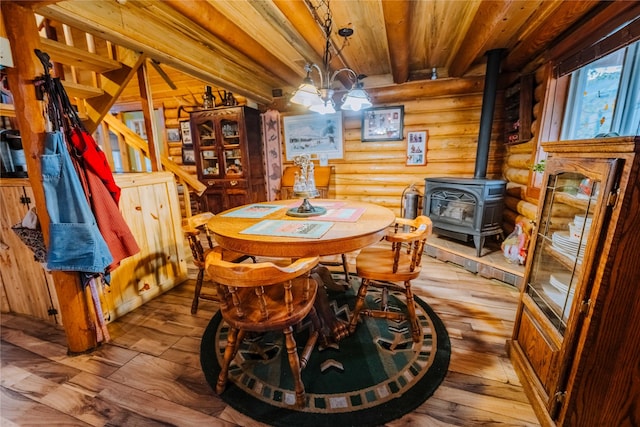 34 Outlaw Trl, Anaconda, MT 59711 - dining room featuring a wood stove, wooden ceiling with exposed beams, light wood-type flooring, rustic walls, and stairway