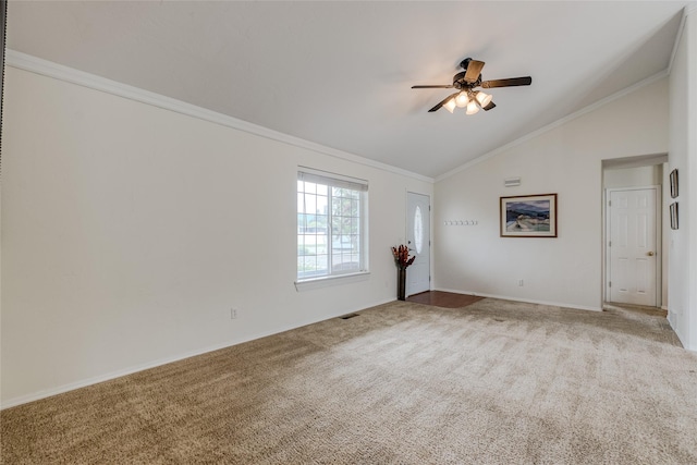115 River Glen Ct, Kalispell, MT 59901 - empty room with light carpet, a ceiling fan, ornamental molding, high vaulted ceiling, and baseboards