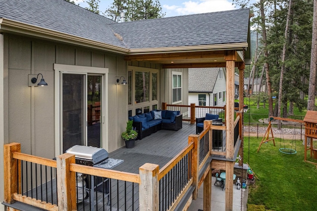 11515 Ninebark Way, Missoula, MT 59802 - wooden deck with an outdoor living space, a playground, and grilling area