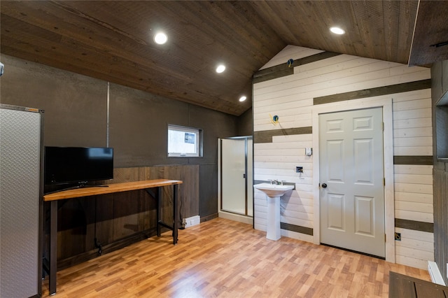 612 S Main St, Neihart, MT 59465 - living room with wooden walls, wood ceiling, wood finished floors, recessed lighting, and high vaulted ceiling