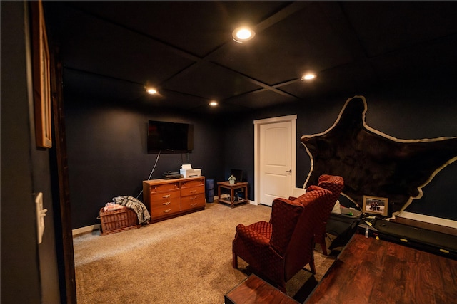 1610 Maple Dr, Fort Benton, MT 59442 - home theater featuring baseboards, recessed lighting, coffered ceiling, and light carpet