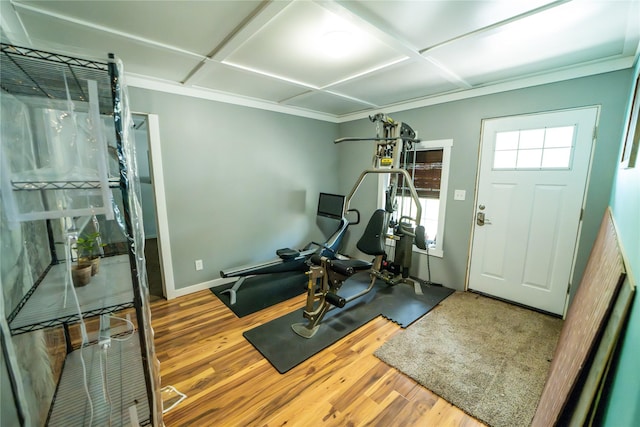 1610 Maple Dr, Fort Benton, MT 59442 - workout area featuring wood finished floors, coffered ceiling, and baseboards