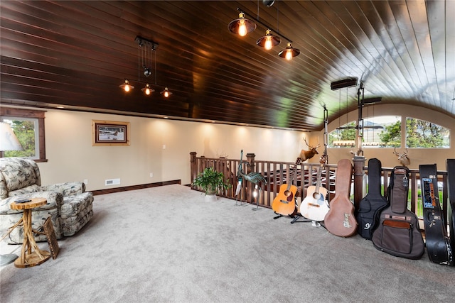 46274 Meadowlark Ln, Big Arm, MT 59910 - exterior space featuring carpet flooring, lofted ceiling, wooden ceiling, and baseboards