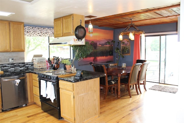 34575 Gunlock Rd, Charlo, MT 59824 - kitchen with dishwasher, black / electric stove, light wood-type flooring, and light brown cabinets