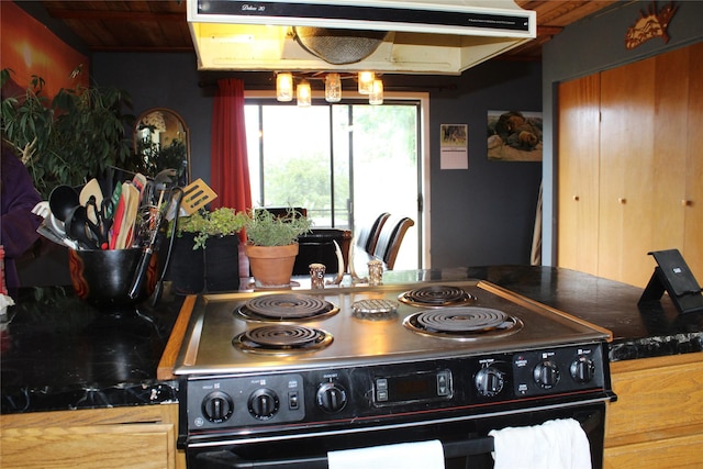 34575 Gunlock Rd, Charlo, MT 59824 - kitchen with electric range, extractor fan, dark countertops, and wood ceiling