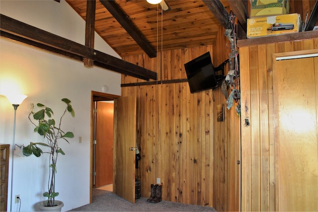 34575 Gunlock Rd, Charlo, MT 59824 - unfurnished bedroom with wooden walls, wooden ceiling, and carpet floors