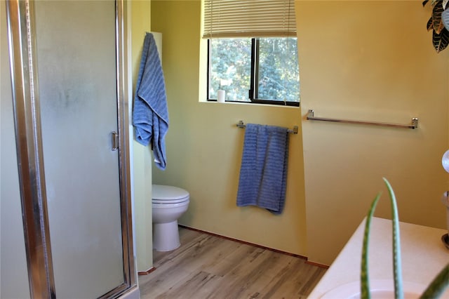 34575 Gunlock Rd, Charlo, MT 59824 - bathroom with toilet, a stall shower, vanity, and wood finished floors