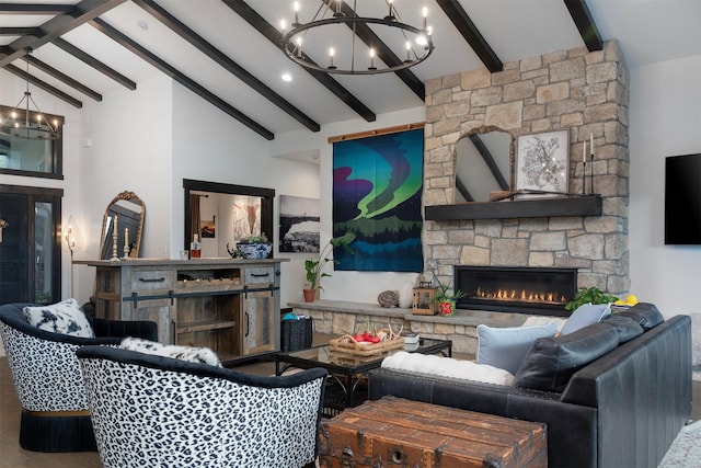 344 Chapman Ln, Bigfork, MT 59911 - living room with a chandelier, a stone fireplace, beamed ceiling, and high vaulted ceiling