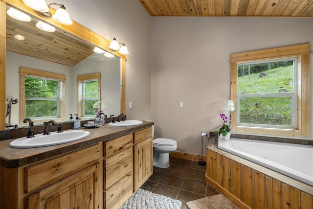 217 Forest Ridge Trl, Kila, MT 59920 - bathroom featuring wooden ceiling, double vanity, a garden tub, baseboards, and toilet