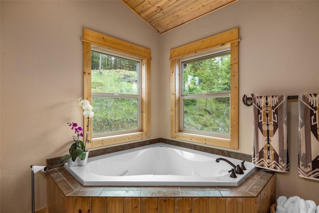 217 Forest Ridge Trl, Kila, MT 59920 - full bath featuring a garden tub, wooden ceiling, and vaulted ceiling
