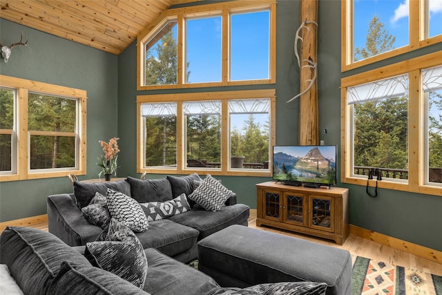 217 Forest Ridge Trl, Kila, MT 59920 - living room with healthy amount of natural light, wood finished floors, high vaulted ceiling, and wooden ceiling