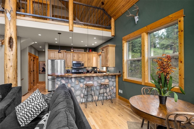 217 Forest Ridge Trl, Kila, MT 59920 - living area with light wood-type flooring, high vaulted ceiling, wooden ceiling, plenty of natural light, and baseboards