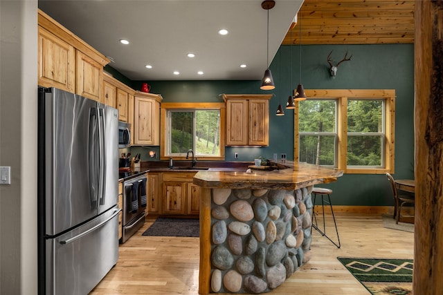 217 Forest Ridge Trl, Kila, MT 59920 - kitchen featuring appliances with stainless steel finishes, a sink, light wood finished floors, recessed lighting, and a kitchen bar
