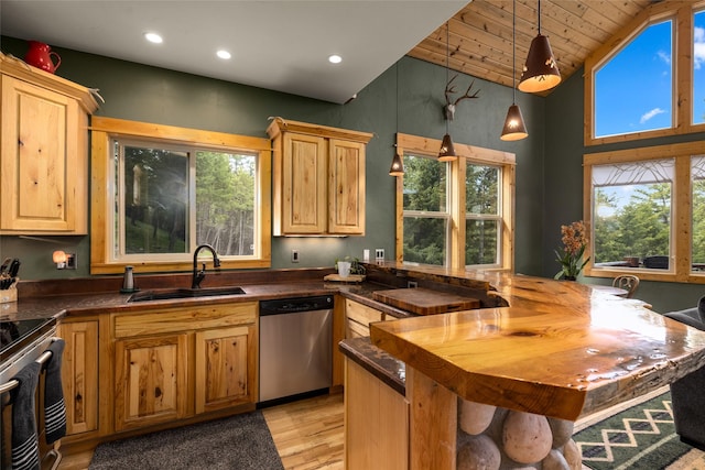 217 Forest Ridge Trl, Kila, MT 59920 - kitchen featuring appliances with stainless steel finishes, a sink, light wood-type flooring, wooden ceiling, and recessed lighting