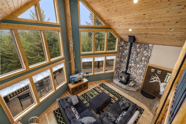 217 Forest Ridge Trl, Kila, MT 59920 - living area featuring high vaulted ceiling, wooden ceiling, a wood stove, and wood finished floors