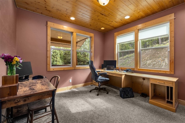 217 Forest Ridge Trl, Kila, MT 59920 - carpeted office featuring baseboards, wood ceiling, and recessed lighting