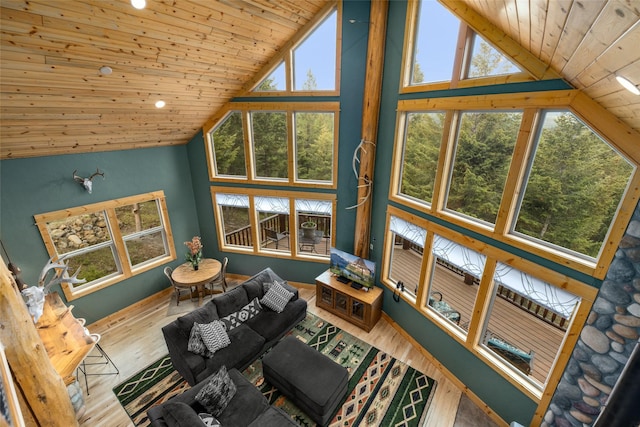 217 Forest Ridge Trl, Kila, MT 59920 - living area with wood ceiling, high vaulted ceiling, wood finished floors, and recessed lighting