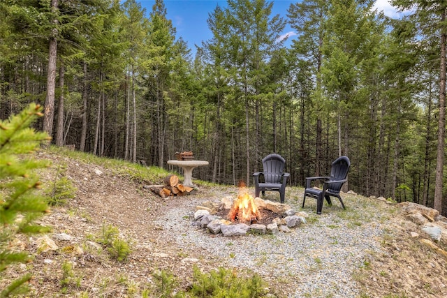 217 Forest Ridge Trl, Kila, MT 59920 - view of yard with an outdoor fire pit and a wooded view