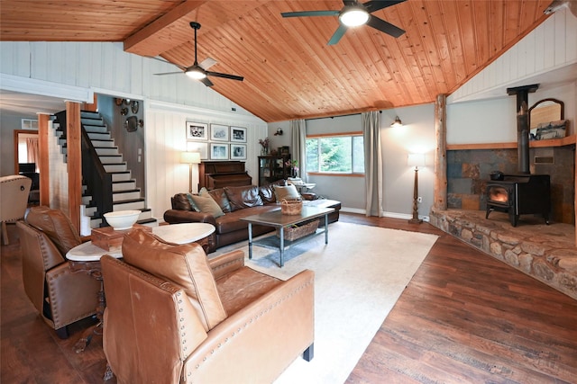2 Cedar Grove Ln, Noxon, MT 59853 - living area featuring ceiling fan, stairway, wood finished floors, wood ceiling, and baseboards