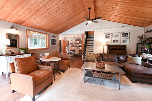 2 Cedar Grove Ln, Noxon, MT 59853 - living room featuring wood finished floors, lofted ceiling, wooden ceiling, and a ceiling fan